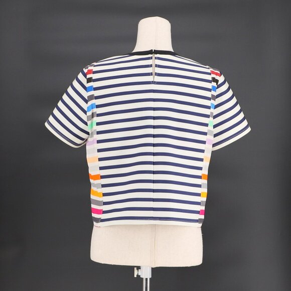 TANYA TAYLOR Rainbow Navy Stripe Short Sleeve Crop Crew Neck Top Size 10 - Picture 5 of 7